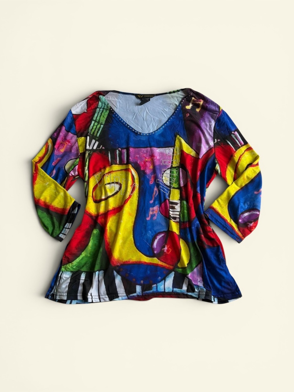 Vintage Y2K Valentina Signa Rhinestone Abstract Music Print Art Tunic Top Size M